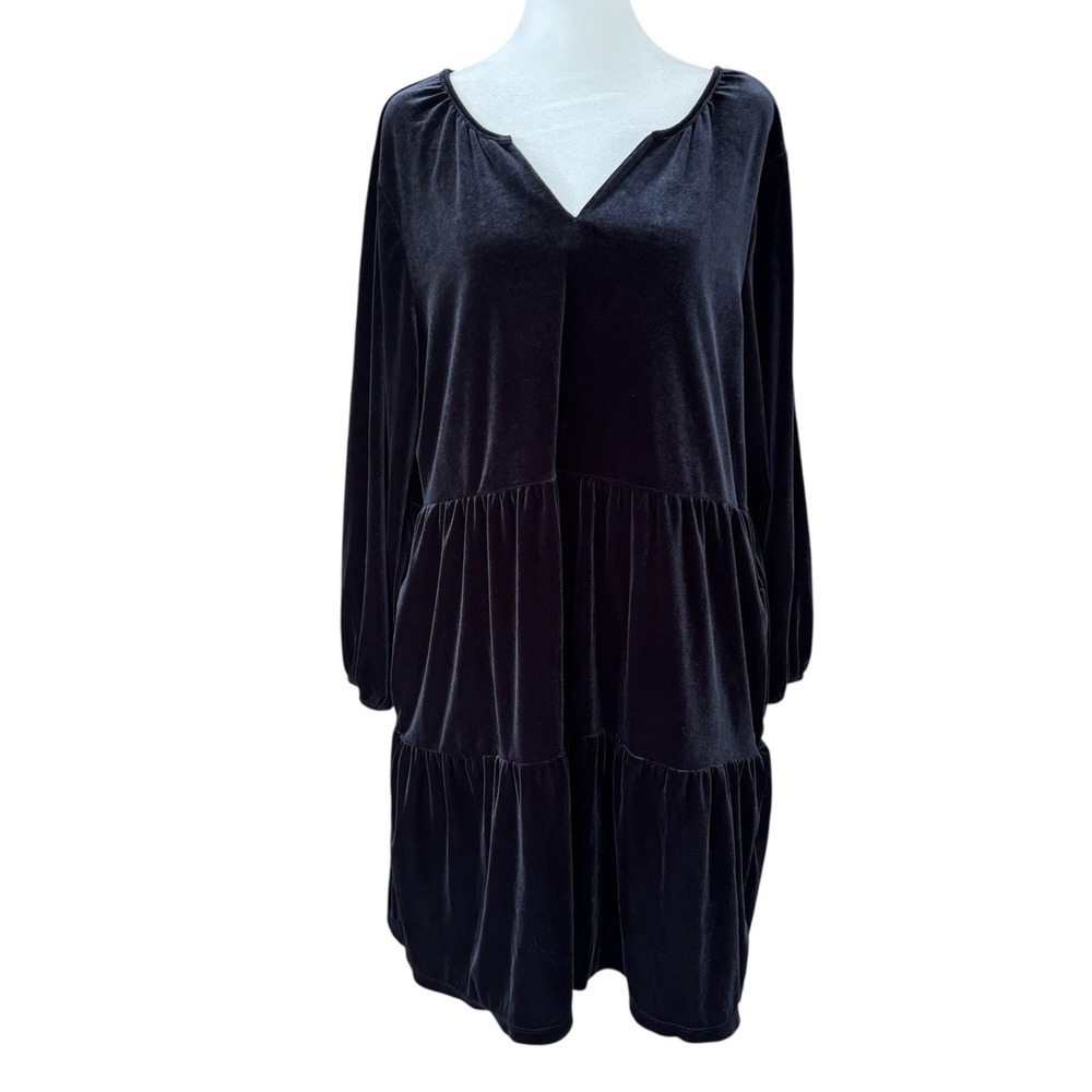 Gap Black Velvet Tiered Mini Dress with 3/4 Sleeves Womens L Whimsigoth Vampire‎